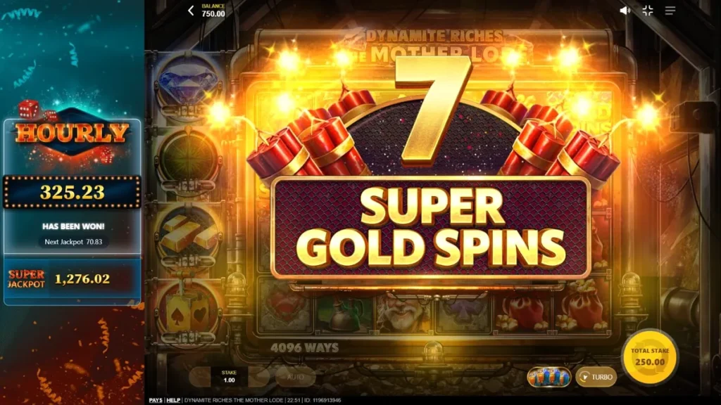 Tampilan visual slot Dynamite Riches The Mother Lode dengan latar belakang tambang emas
